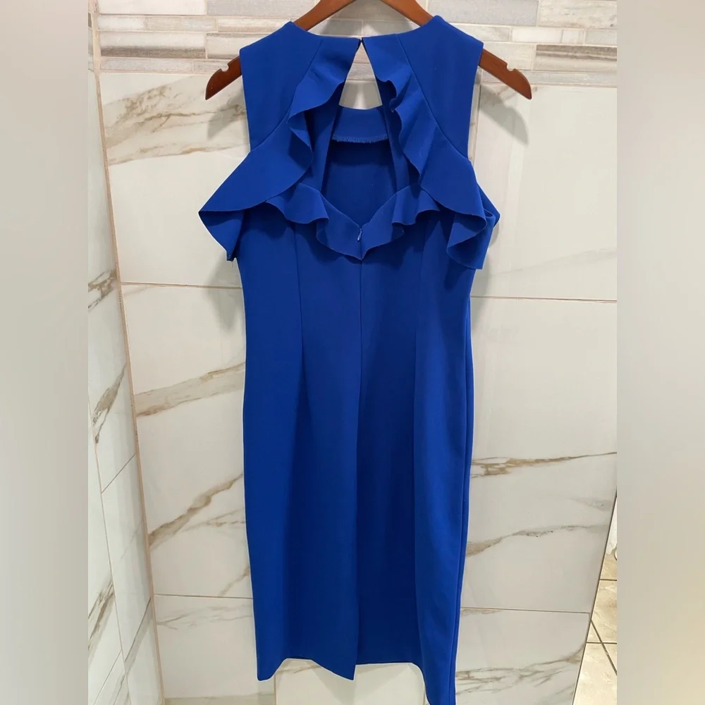 Ivanka Trump Royal Blue Ruffle Cold Shoulder Midi Dress • Size 8 cocktail - Picture 7 of 12